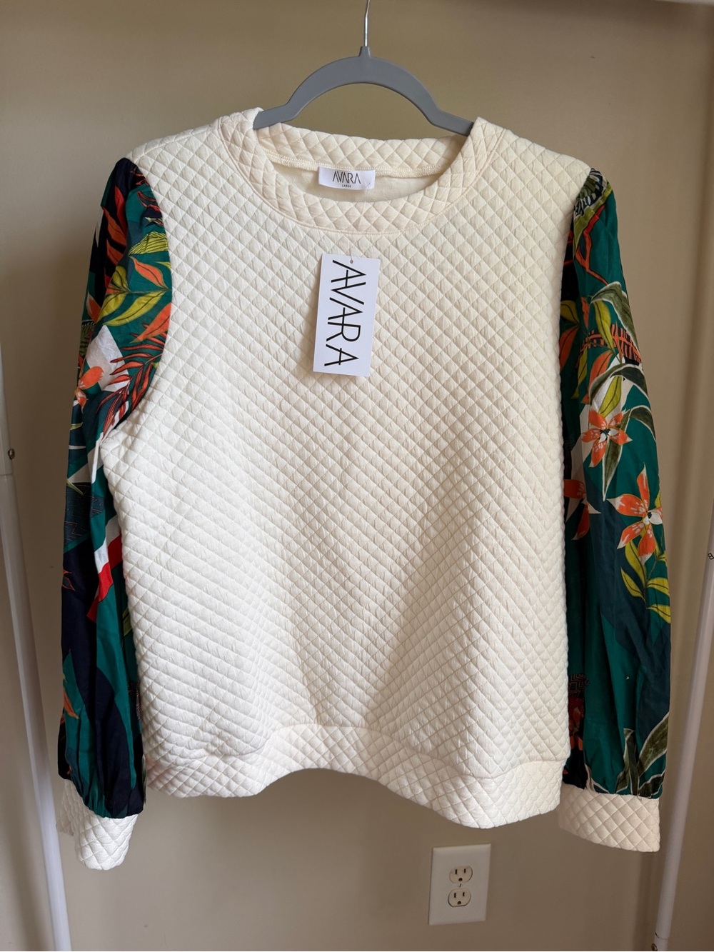 AVARA Cream Quilted Blouse with Green Floral Sleeves